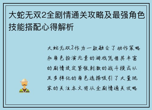 大蛇无双2全剧情通关攻略及最强角色技能搭配心得解析